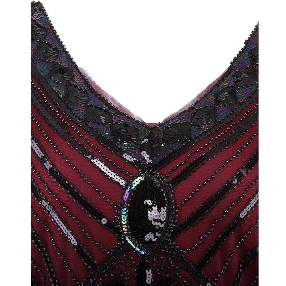 Women XL Flapper dress costume halloween maroon Burgundy wine fringe black Party - Picture 13 of 14